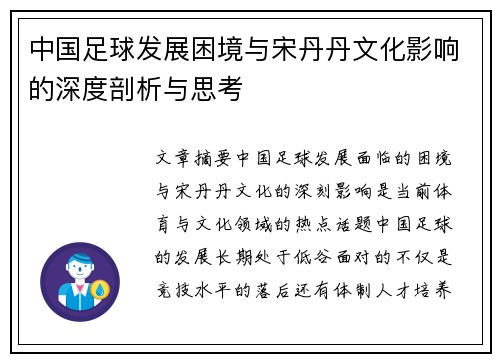 中国足球发展困境与宋丹丹文化影响的深度剖析与思考